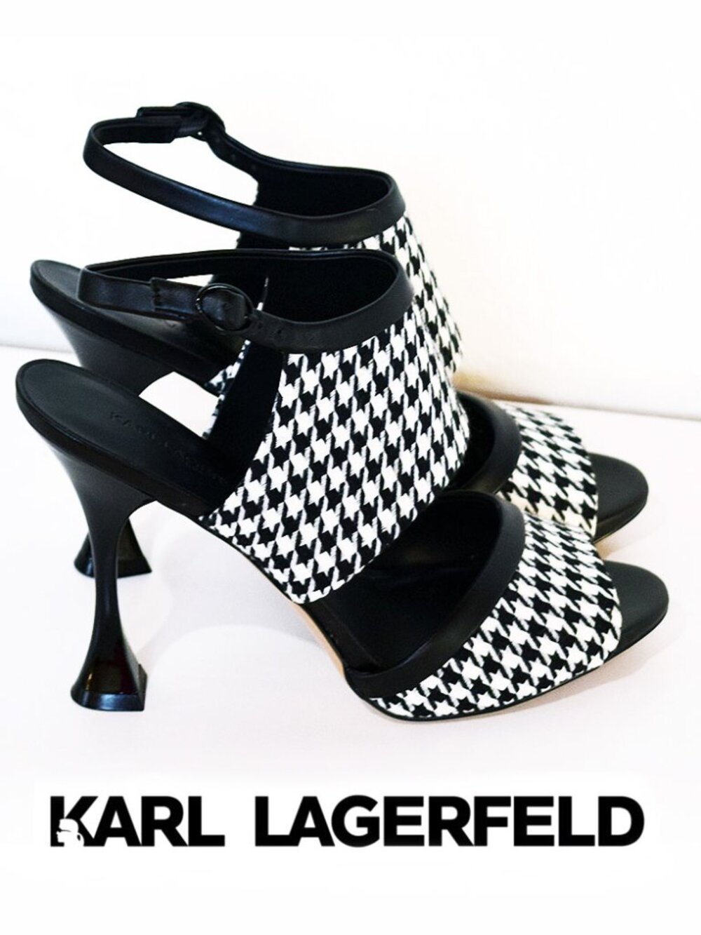 Karl Lagerfeld Paris Camryn Leather Sandal in Black/White Fabric